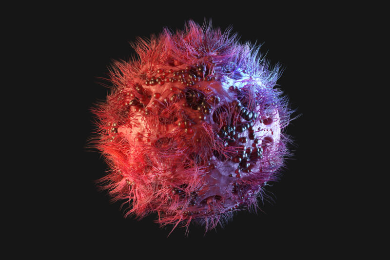 A 3D illustration of the HIV virus.