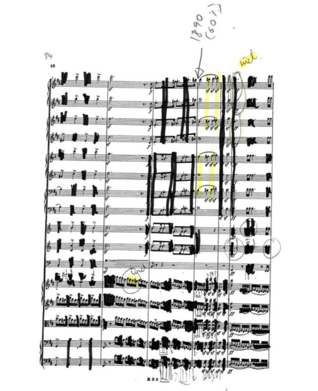 <em>Hebrides Redacted</em> score with notes scrubbed out to reflect declining humpback whale population. This segment corresponds to 1890, when 60 percent of whales remained.