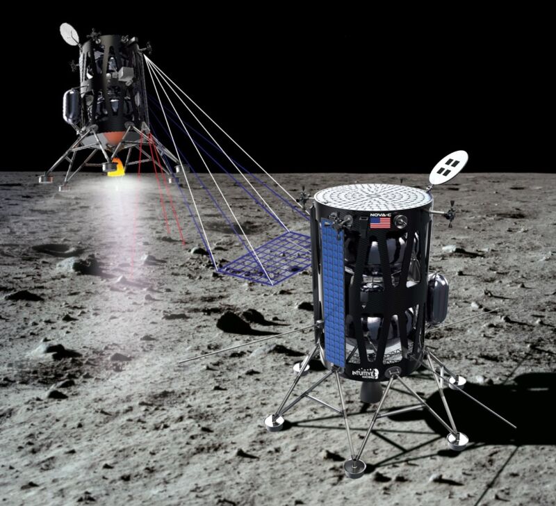 Image of two spacecraft on the lunar surface.