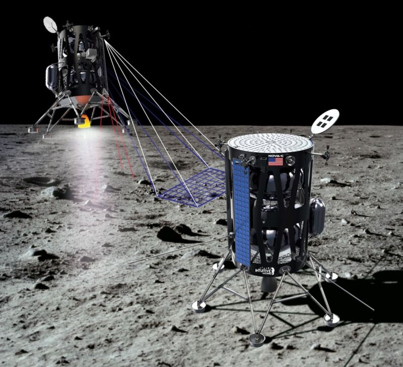 Image of 2  landers connected  the aboveground  of the Moon.