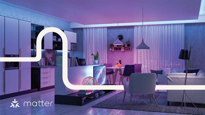 Matter promises to make smart home devices work with any control system you want to use, securely. This marketing image also seems to promise an intriguing future involving smart mid-century modern chairs and smart statement globes.