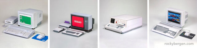 Cztery prototypy papierkowej roboty zaprojektowane przez Rocky Bergen, w tym prototyp Nintendo AVS.