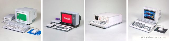 Cuatro modelos de papercraft diseñados por Rocky Bergen, incluido el prototipo de Nintendo AVS.