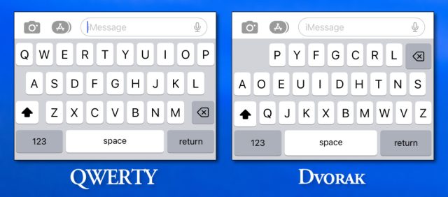 The QWERTY and Dvorak keyboard layouts broadside  by broadside  connected  iPhone.