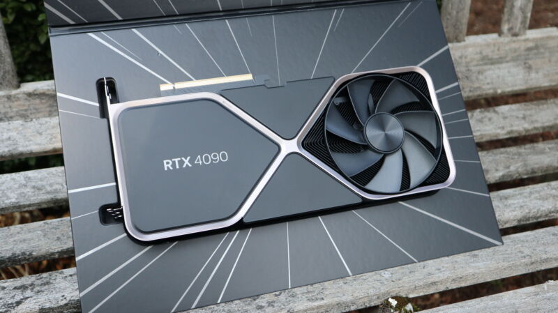 The Nvidia RTX 4090 founders edition. If you can't tell, those lines are drawn on, though the heft of this $1,599 might convince you that they're a reflection of real-world motion blur upon opening this massive box.