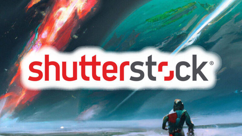 The Shutterstock logo over an image generated by DALL-E.