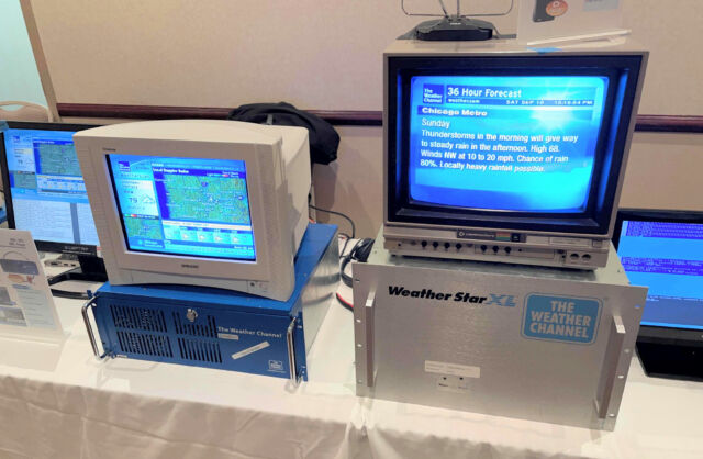 Mike Bates demonstrated an Intellistar computer running Weatherscan (blue unit, left) and a Weather Star XL (right) at VCF Midwest this year, along with other hardware and TV station simulations.