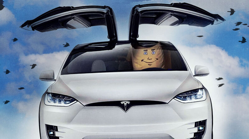 Un Tesla Model X con Roger, el piloto automático inflable (¡de la película Avión!) en el asiento del conductor