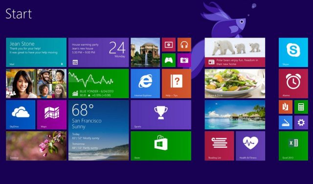 La icónica pantalla de inicio de Windows 8, con sus coloridos mosaicos en vivo y la interfaz de Metro.