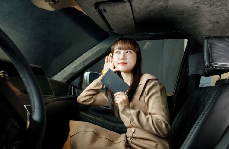 woman holding LG Display Thin Actuator Sound Solution in a car