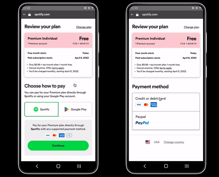Spotify first gives you options for "Spotify" or "Google Play," and tapping the "Spotify" button lets you type in a credit card or use PayPal. 