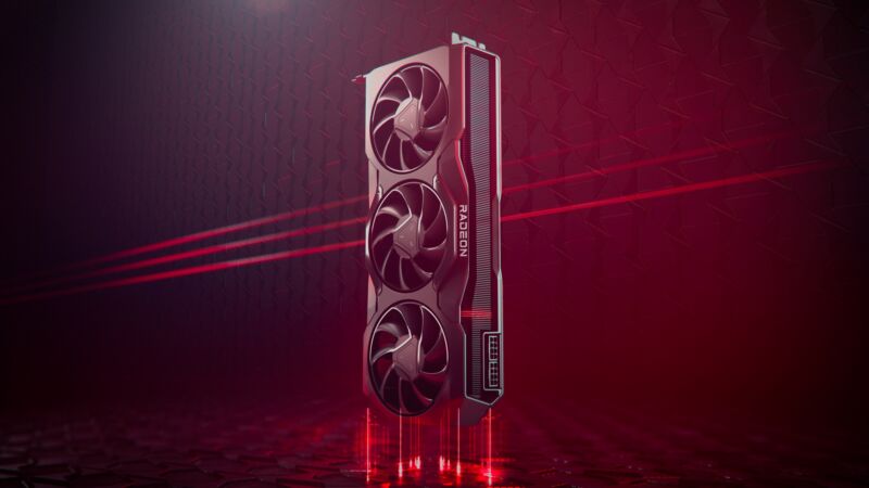 AMD 的 Radeon RX 7900 XTX，漂浮在某个带红色的房间里。