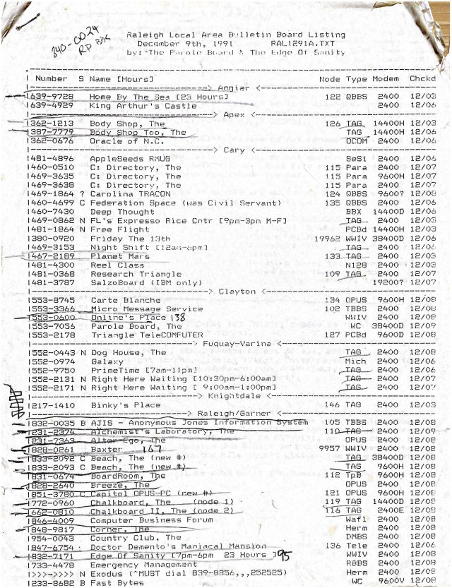 Ma Liste Bbs Originale De La Région De Raleigh De 1992, Datée Du 9 Décembre 1991.