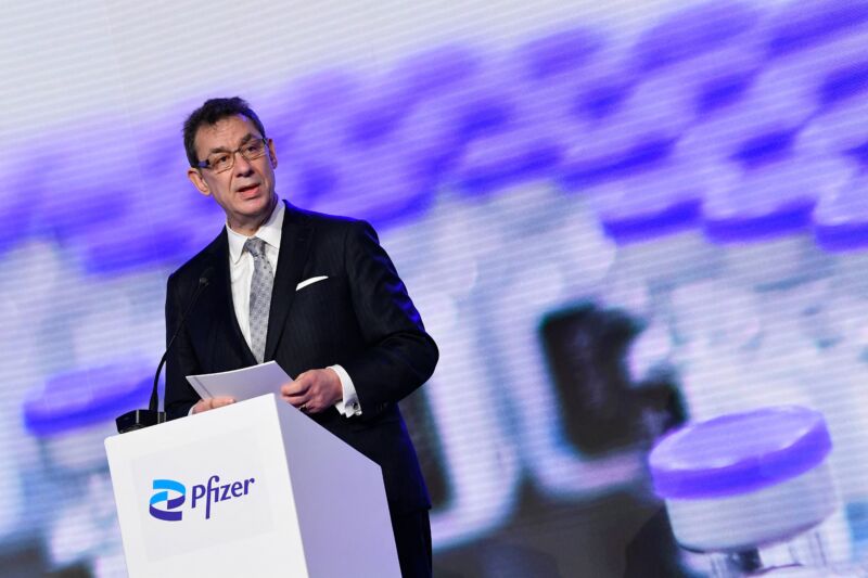 Pfizer CEO Albert Bourla talks during a press conference with the European Commission president after a visit to oversee the production of the Pfizer-BioNtech COVID-19 vaccine at the factory of US pharmaceutical company Pfizer, in Puurs, on April 23, 2021. 