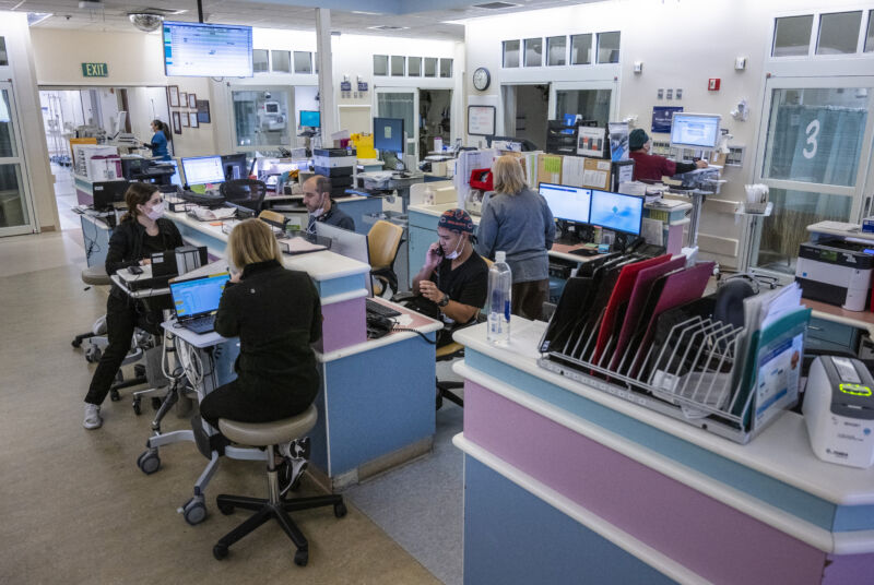 Emergency department staff members work at Providence St. Joseph Hospital in Orange, California, on November 1. Orange County's health officer has declared a local health emergency in response to increases in respiratory illnesses and an onslaught of the quickly spreading RSV, a respiratory virus that is most dangerous in young children.