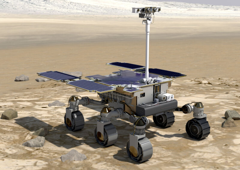 Artist's concept of the Rosalind Franklin ExoMars rover on Mars.