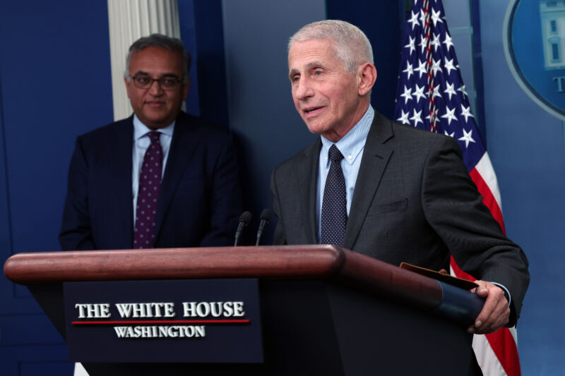 Dr. Anthony Fauci, White House chief medical adviser, speaks alongside COVID-19 Response Coordinator Dr. Ashish Jha during a briefing on COVID-19 at the White House on November 22, 2022, in Washington, DC. Fauci spoke on the updated COVID-19 booster shots and encouraged individuals to get their vaccines. (Photo by Win McNamee/Getty Images)