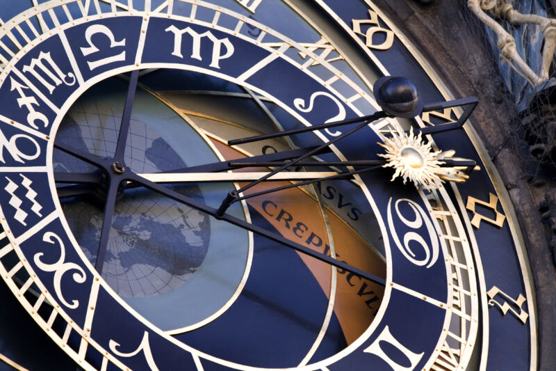 An astronomical clock in Prague, Czech Republic. 