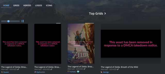 Сторінка зі SteamGridDB, на якій показано, як тепер виглядають зображення, захищені DMCA (плюс одне перезавантажене зображення з прозорим повідомленням угорі).