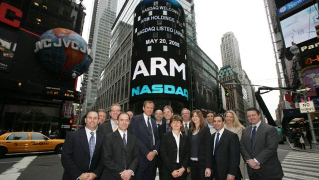 The ARM team celebrating going public on the NASDAQ. 