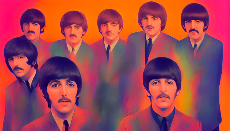 AI-generated image of The Beatles, but 8 of them.