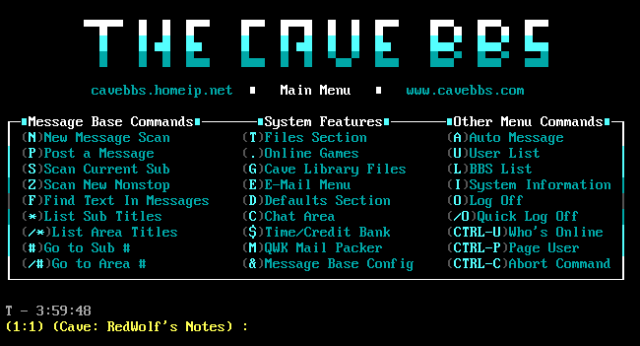 The Telnet Cave BBS main menu, 2005-present.