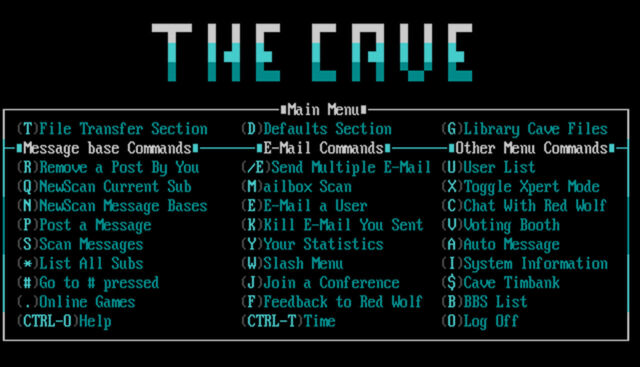 The original Cave BBS main menu, created by Radon in 1992 or 1993.