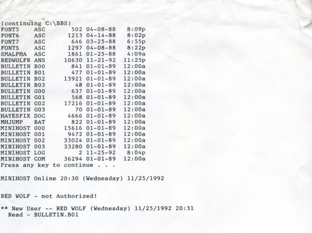 A 1992 Canon BubbleJet printout that shows The Cave BBS going online for the first time on November 25, 1992.