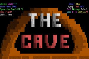 An ANSI-art ad for The Cave BBS created by Nukemaster, ca. 1993.