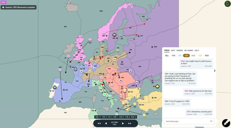 A screenshot of Diplomacy screen provided by a CICERO researcher.
Meta AI
</figure><p>On Tuesday, Meta AI announced the development of Cicero, which it claims is the first AI to achieve human-level performance in the strategic board game <em>Diplomacy</em>. This is a notable achievement as the game requires deep interpersonal negotiation skills, implying that Cicero acquired some command of the language needed to win the game.</p>
<p>Even before Deep Blue beat Garry Kasparov in chess in 1997, board games were a useful measure of AI performance. In 2015, another barrier fell when AlphaGo defeated Go master Lee Sedol. Both of these games follow a relatively clear set of analytic rules (although Go's rules are generally simplified for computer AI).</p>

<p>But with <em>Diplomacy</em>, a lot of the gameplay involves social skills. Players must empathize, use natural language, and build relationships to win, a difficult task for a computer gamer. With that in mind, Meta asked, 