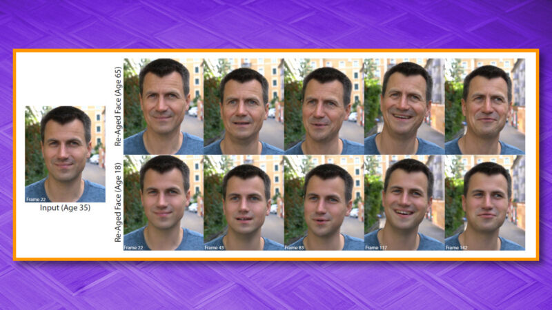 Un ejemplo de la tecnología de envejecimiento FRAN de Disney, que muestra la imagen original a la izquierda y filas renovadas de ejemplos más antiguos (arriba) y más jóvenes (abajo) de la misma persona.