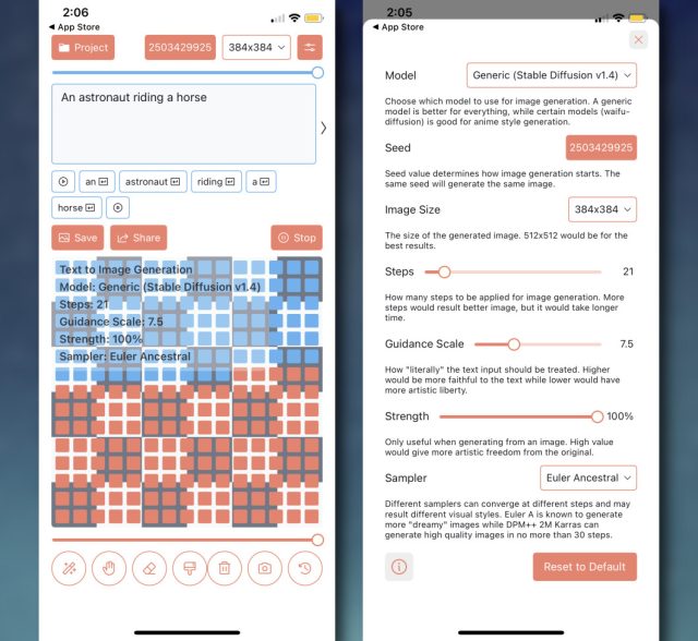 Screenshots of the "Draw Things" app connected  iPhone showing the procreation  surface  (left) and settings surface  (right).