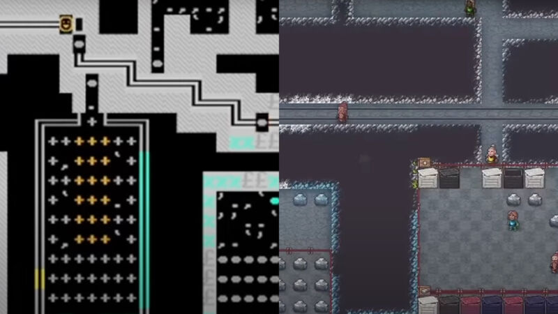 Two views of a <em>Dwarf Fortress</em> scene, in the original graphics and in the upcoming Steam/Itch.io release.
