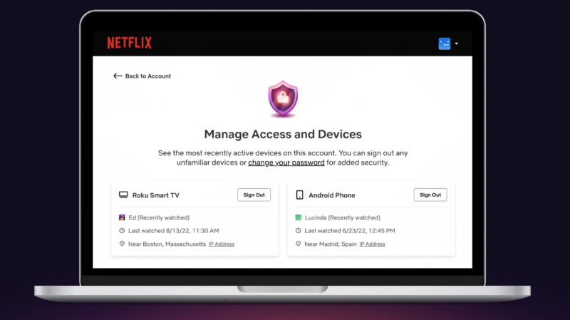 El nuevo "Administrar acceso y dispositivos" panel en la configuración de usuario de Netflix en la web de escritorio.