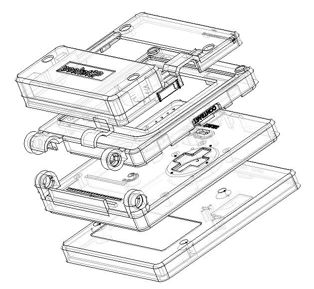 An exploded CAD view of the Game Boy Pocket SP custom shell designed by Allison Parrish.