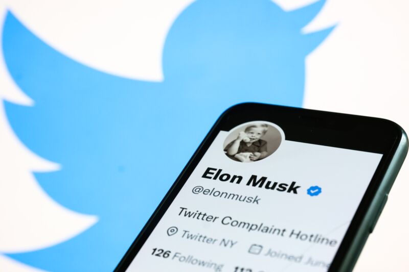 Elon Musk's Twitter account displayed on a phone screen with the Twitter logo in the background.