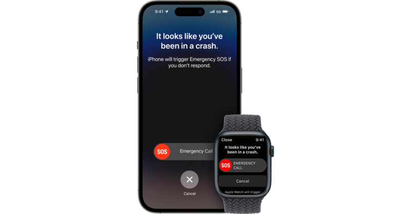 An iPhone and Apple Watch showing the crash detection feature.
