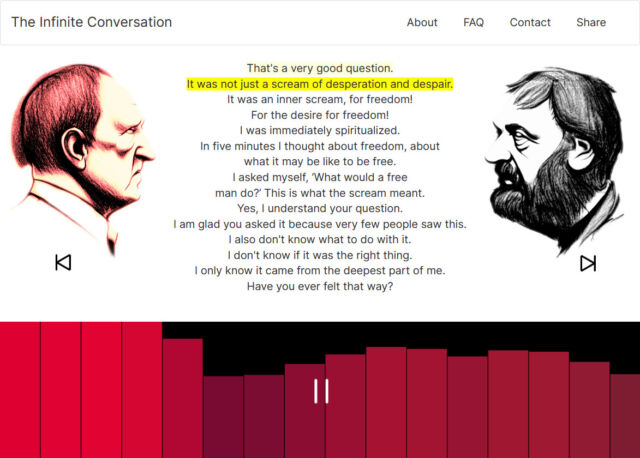 A screenshot of "The Infinite Conversation" website in action.