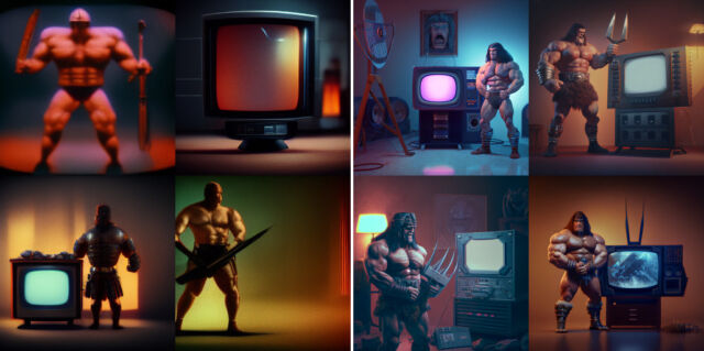Comparison output between Midjourney v3 (left) and v4 (right) with the prompt "a muscular barbarian with weapons beside a CRT television set, cinematic, 8K, studio lighting."