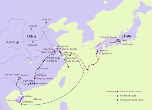 Eine Karte von Jianzhens sechs versuchten Reisen nach Japan. 