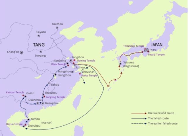 A map of Jianzhen's six attempted voyages to Japan.