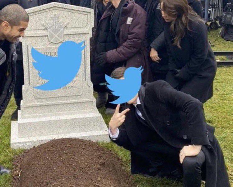 A Photoshopped image of a gravestone with a Twitter logo, and a man with a Twitter logo covering his face kneeling over the grave.