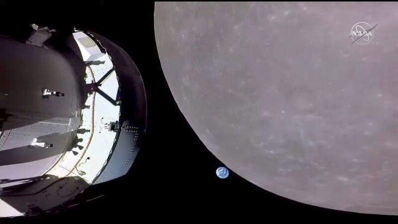 This image taken by NASA's Orion spacecraft shows its view just before the vehicle flew behind the Moon.