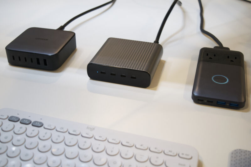 GaN desktop chargers in their native habitat. From left: Ugreen Nexode 200W, Hyper 245W GaN Desktop Charger, and Anker 727 Power Station.