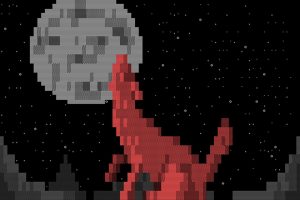 A Red Wolf howling at the moon. ANSI art created by Nukemaster for The Cave BBS, 1993.