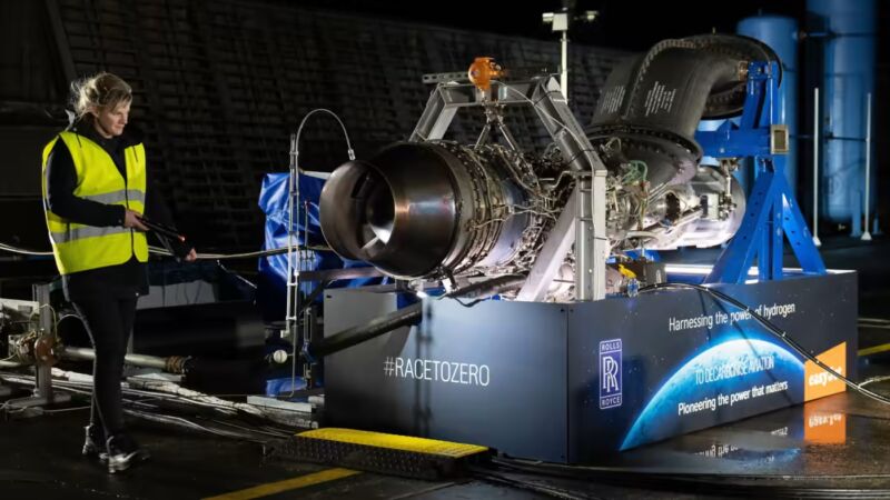 A Rolls-Royce hydrogen-fueled aircraft engine is tested at Boscombe Down in the UK. Flying is one of the most difficult industries to decarbonize, and hydrogen-powered aircraft are still years away from carrying a plane over long distances.