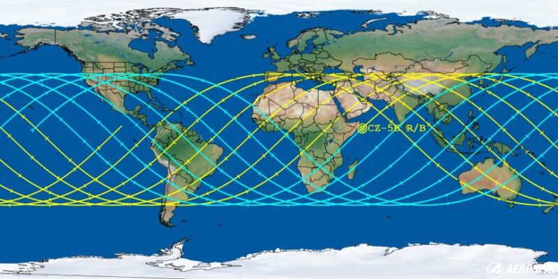 Possible Long March 5B reentry locations lie anywhere along the blue and yellow ground track. Areas not under the line are not exposed to the debris.