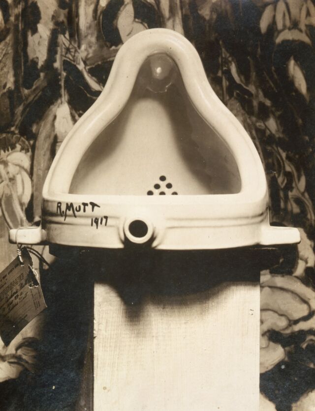 Marcel Duchamp "fountain," photographed by Alfred Stieglitz at Art Gallery 291 after the 1917 Society of Independent Artists exhibition.