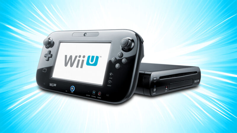 Črna konzola Nintendo Wii U na vrtinčastem modrem ozadju.