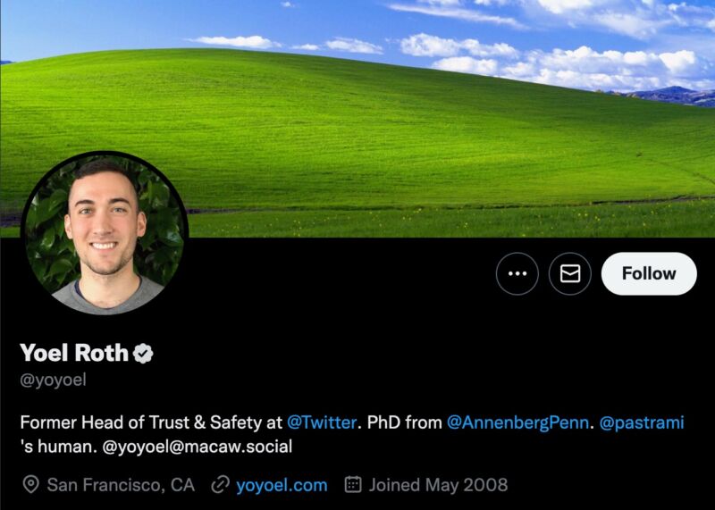 Screenshot of Yoel Roth's Twitter account, noting that he is the former head of trust and safety at the company.